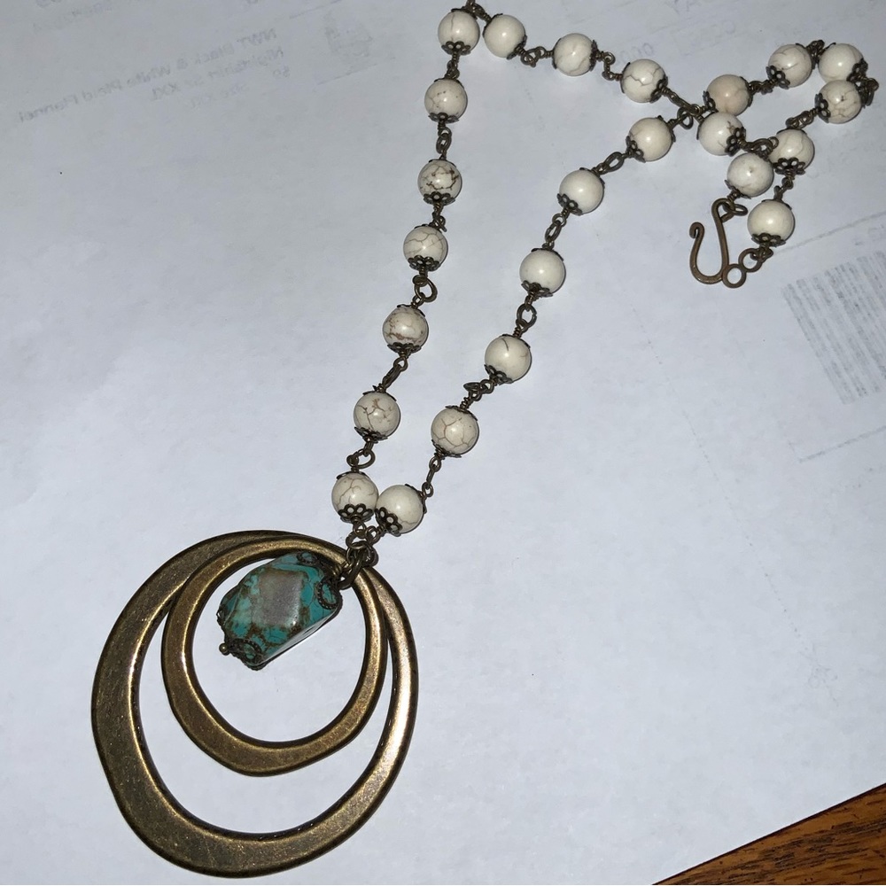 Handmade African Turquoise & White Turquoise Antique Brass Boho Necklace